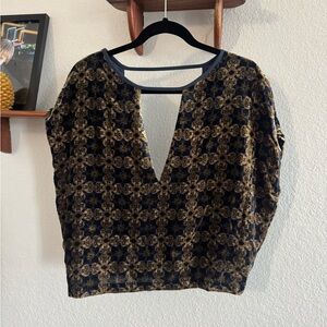 Urban Outfitters Navy and Gold Crop Blouse with Cut Out